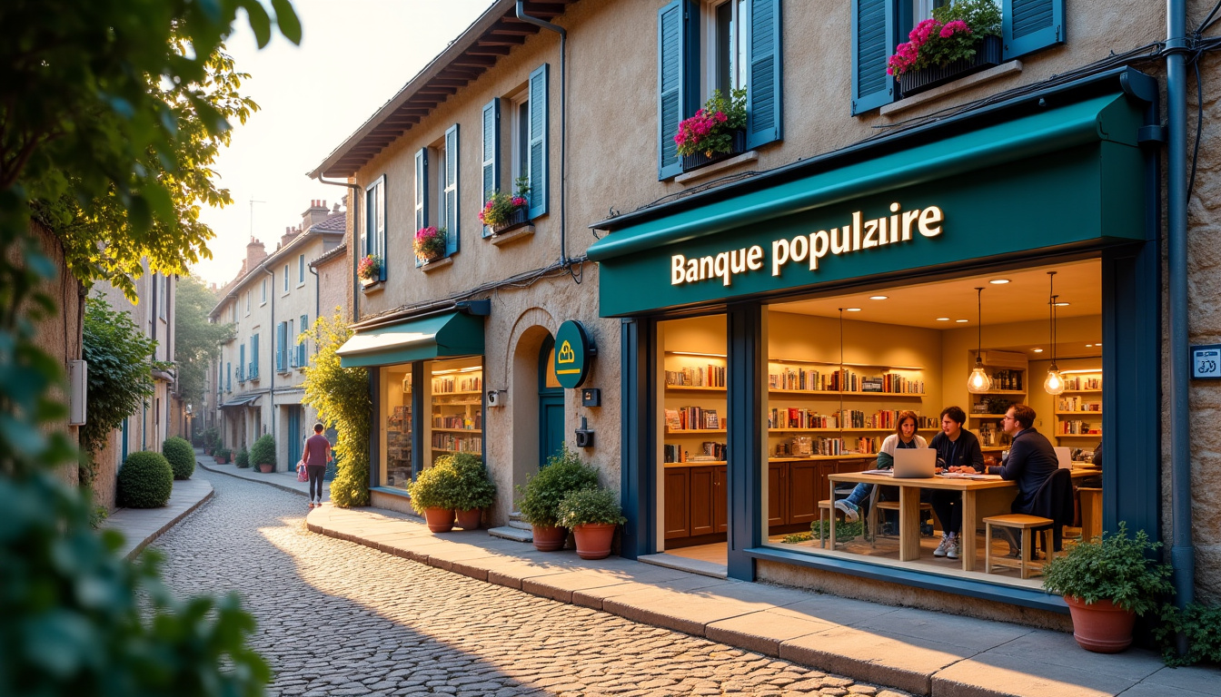 Agence de la Banque Populaire dans une petite ville du Massif Central, avec une vitrine claire et des conseillers à l