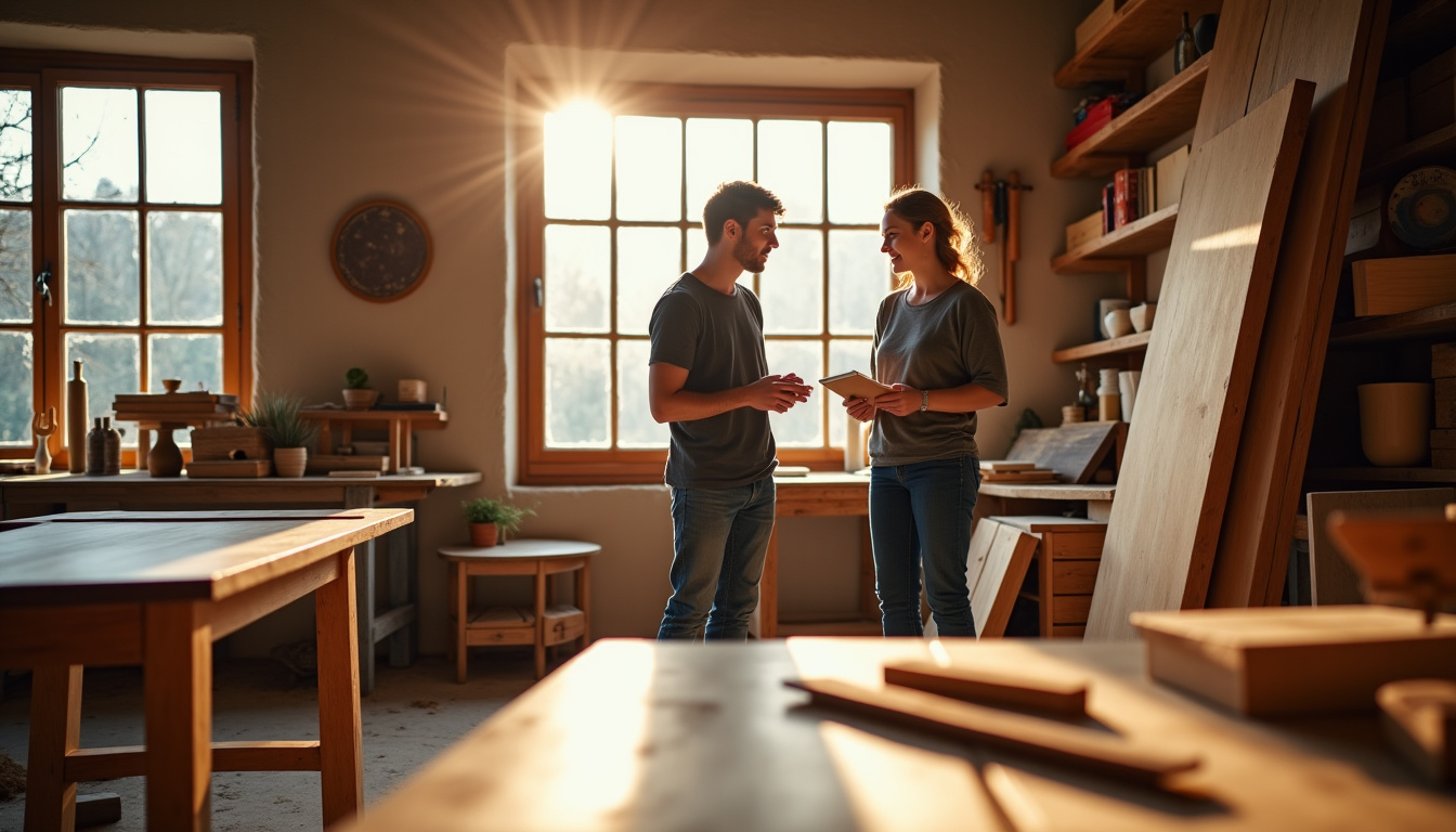Artisan du Massif Central en discussion avec un conseiller de la Banque Populaire dans un atelier de menuiserie
