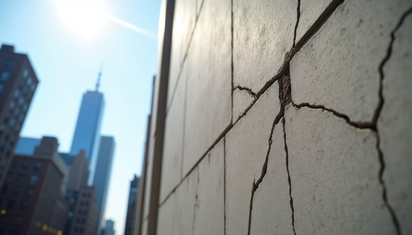 Détail de fissures apparentes sur la façade en béton brut du 432 Park Avenue, prises au zoom depuis le sol