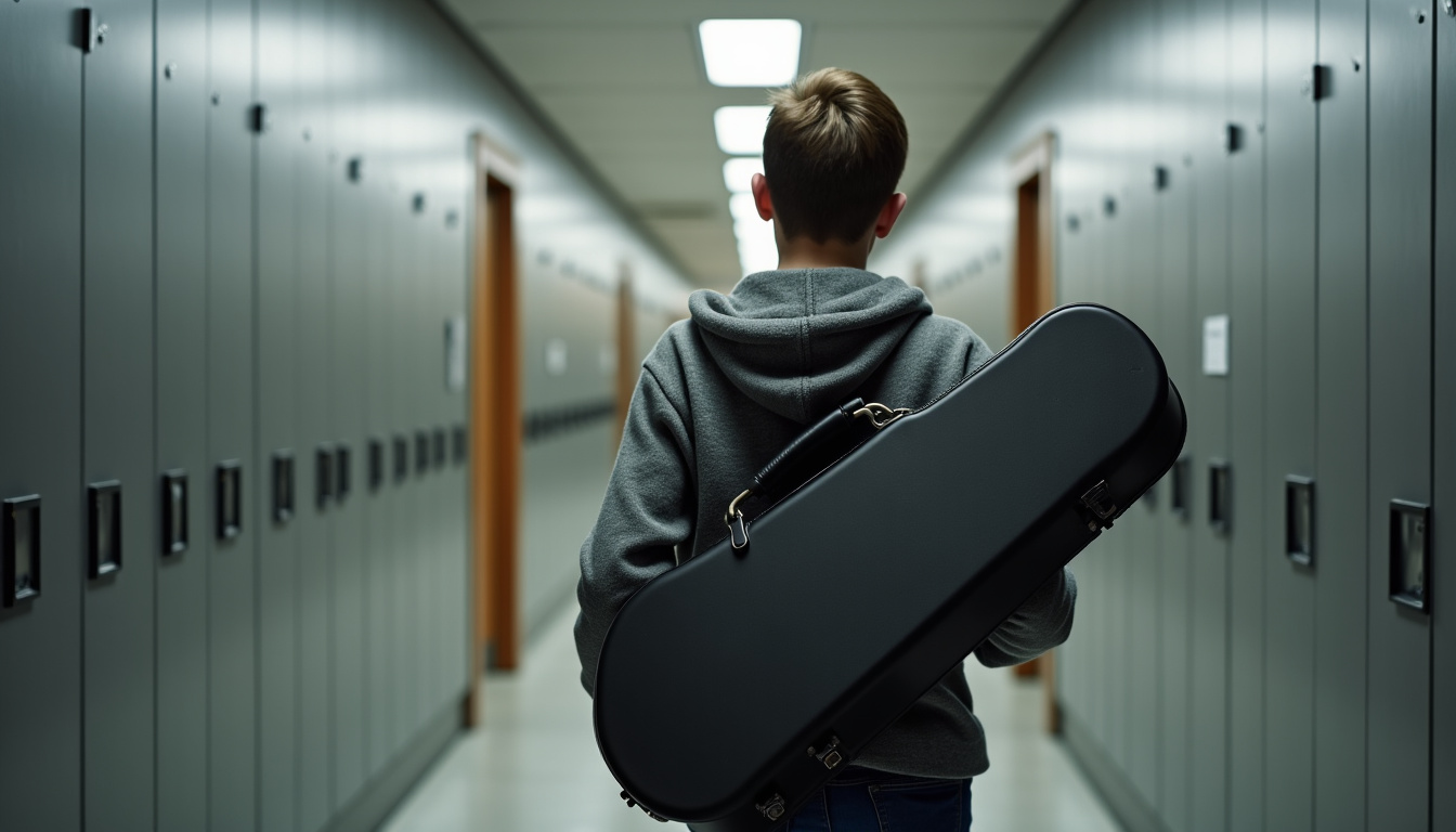Étudiant en musique transportant son violon dans un couloir d