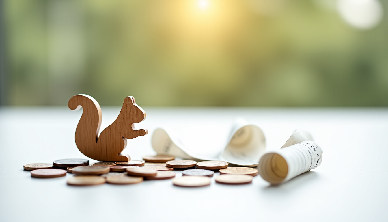 Illustration symbolique représentant un écureuil entouré de pièces de monnaie et de documents bancaires, illustrant la prévoyance financière