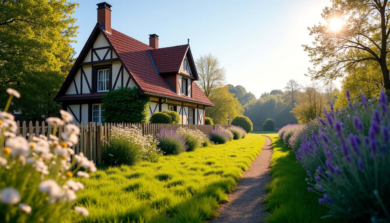 Maison landaise traditionnelle en colombage avec toit en tuiles et jardin fleuri