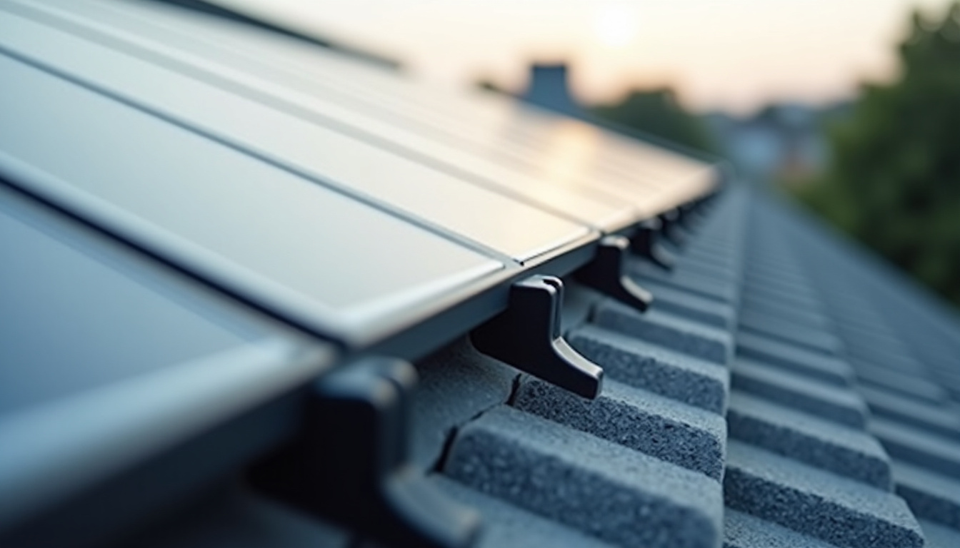 Panneaux solaires installés sur une toiture avec légendes techniques illustrant les points de fixation et l’étanchéité