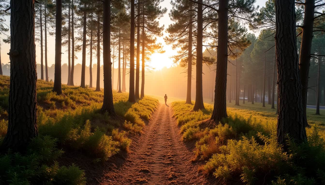 Paysage typique des Landes avec forêt de pins et vue sur l
