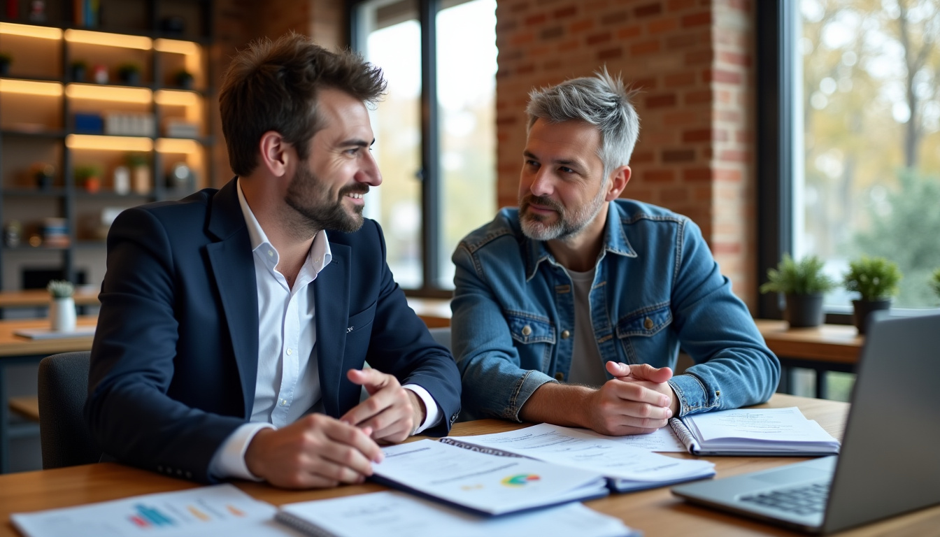 Réunion entre un conseiller Crédit Mutuel et un artisan à Haguenau, en discussion autour de documents financiers