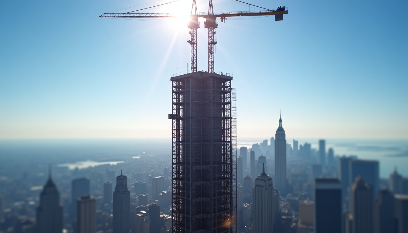Vue aérienne du chantier du 432 Park Avenue durant sa construction, montrant l