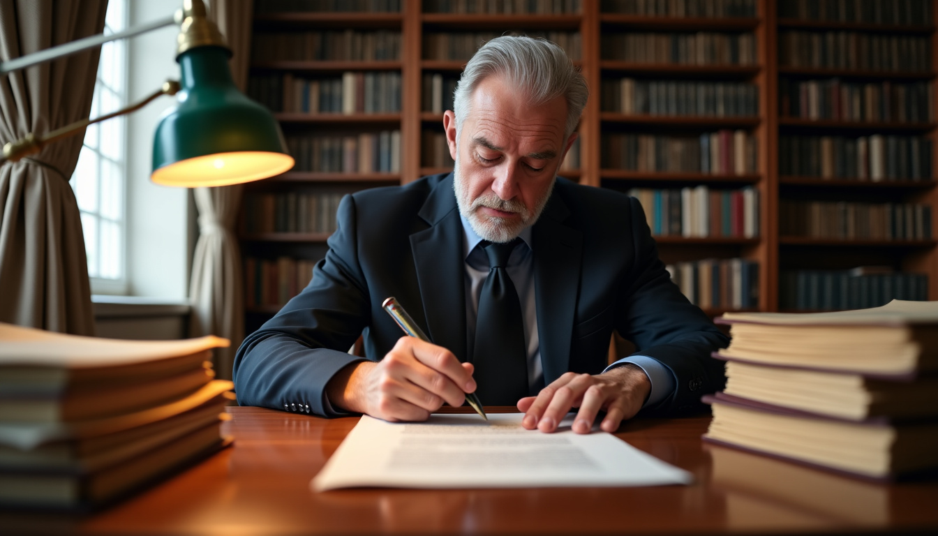 Notaire examinant un document sur son bureau, entouré de dossiers liés à une succession