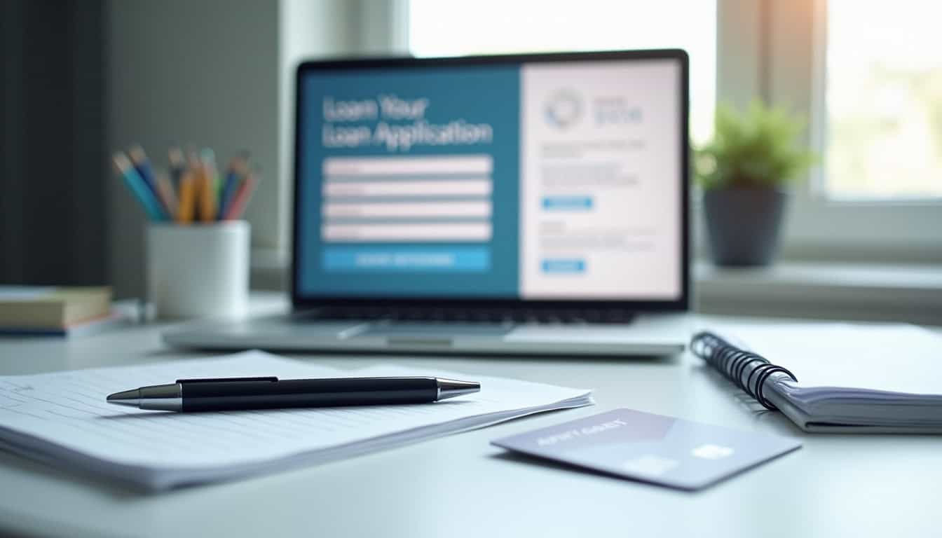 Préparation de la documentation pour une demande de crédit en ligne sur un bureau avec ordinateur portable, papiers, stylos et carte d