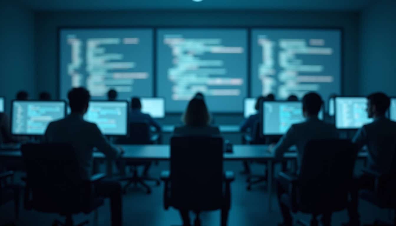 Représentation d’une équipe de développeurs anonyme avec silhouettes floues