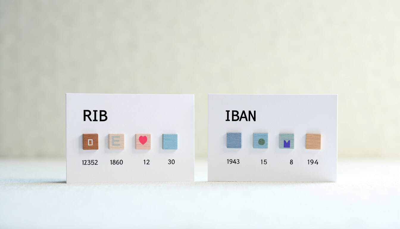 Schéma comparatif montrant la structure d’un RIB et d’un IBAN avec repérage visuel des codes banque, guichet, numéro de compte et clé