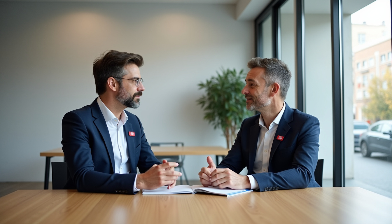 Conseiller bancaire du Crédit Agricole à Calais en discussion avec un client professionnel