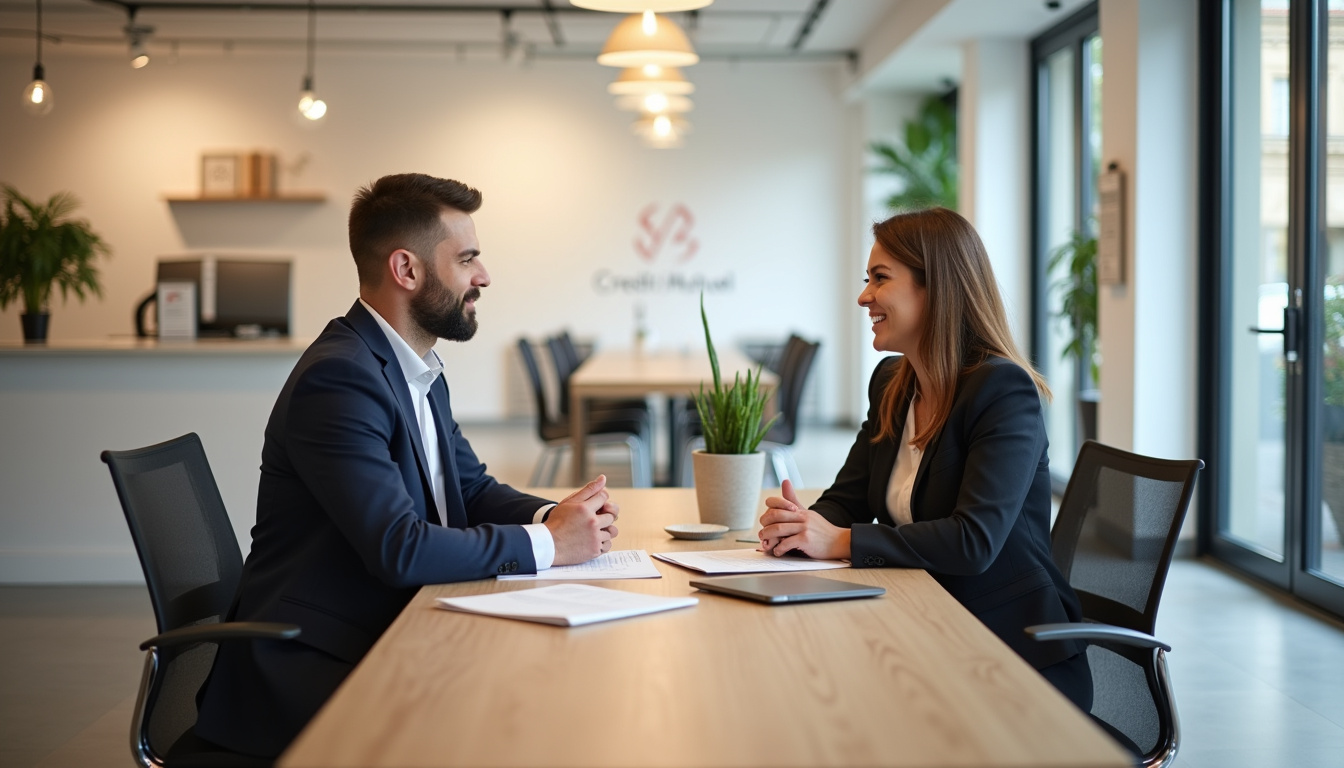 Intérieur d'une agence Crédit Mutuel avec conseiller et client en discussion