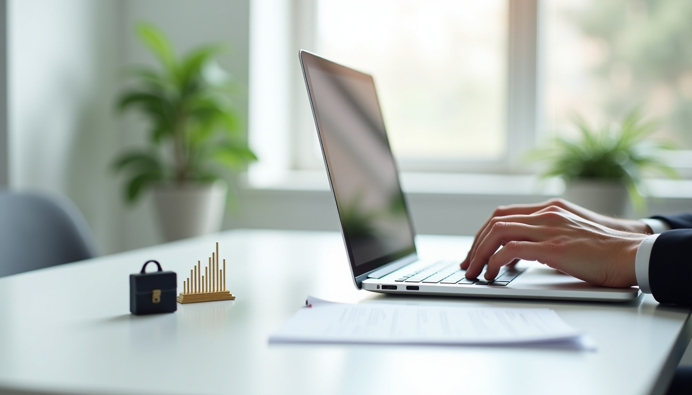 Personne rédigeant un CV sur ordinateur avec des formulations professionnelles à l'écran