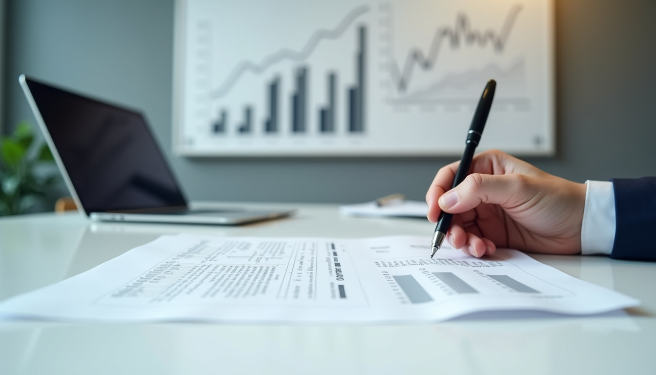 Recruteur examinant un CV en finance avec tableau de performance à l'arrière-plan