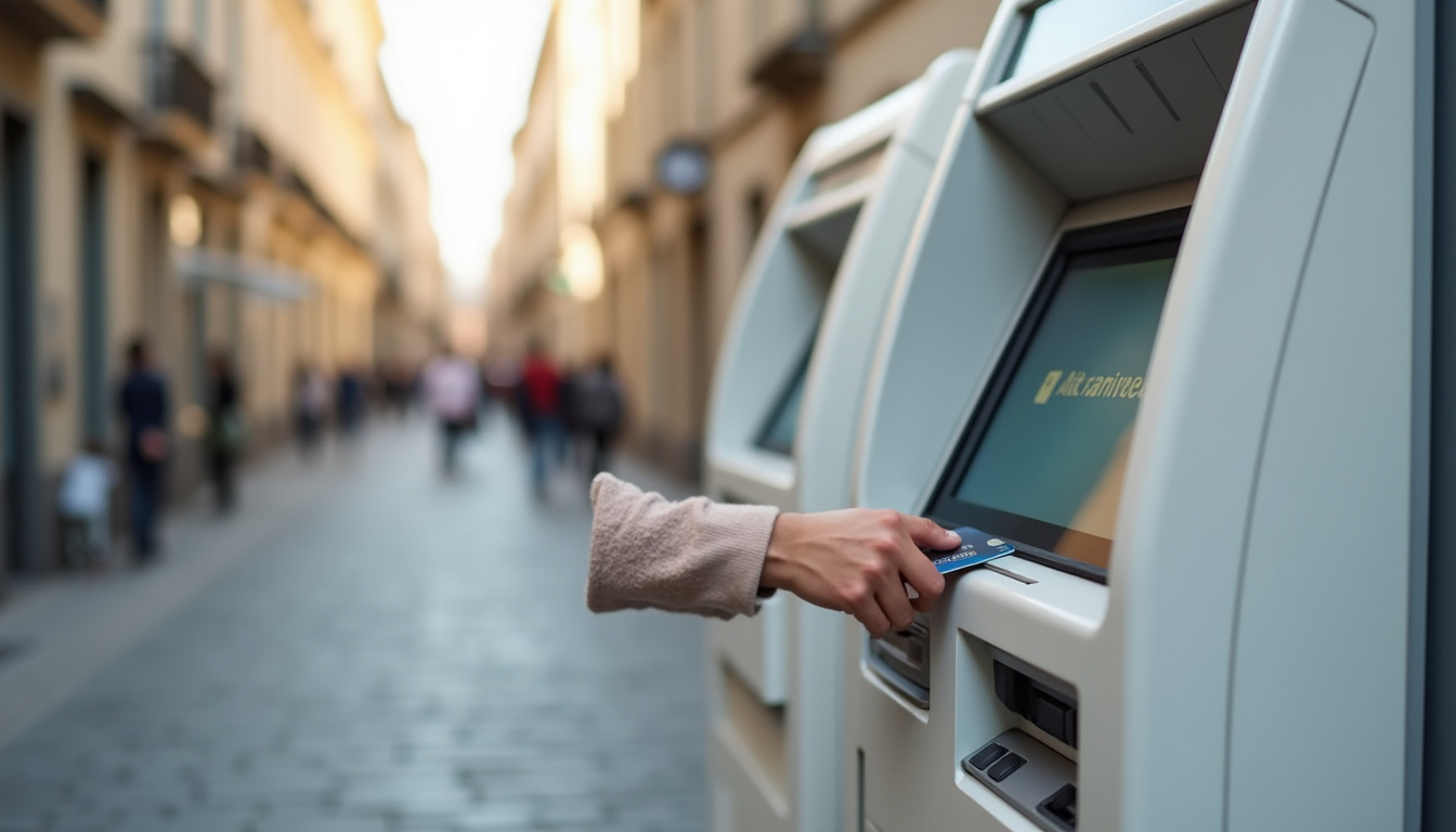 Retrait d'espèces avec carte bancaire dans un distributeur en Europe