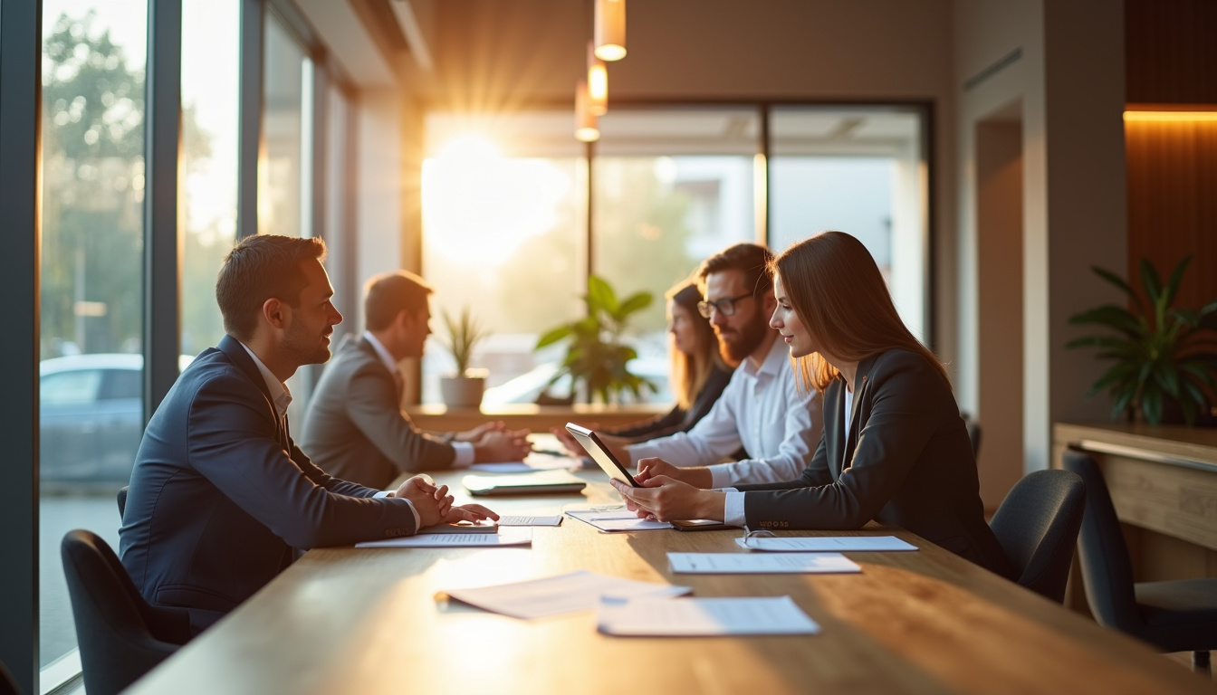 Agence bancaire CGI Finance avec clients et conseillers en discussion