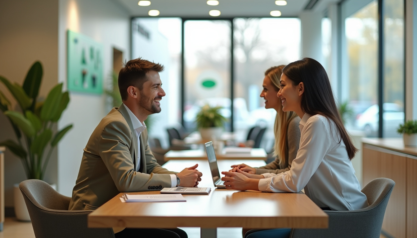 Intérieur d'une agence Crédit Agricole avec conseiller et client en discussion