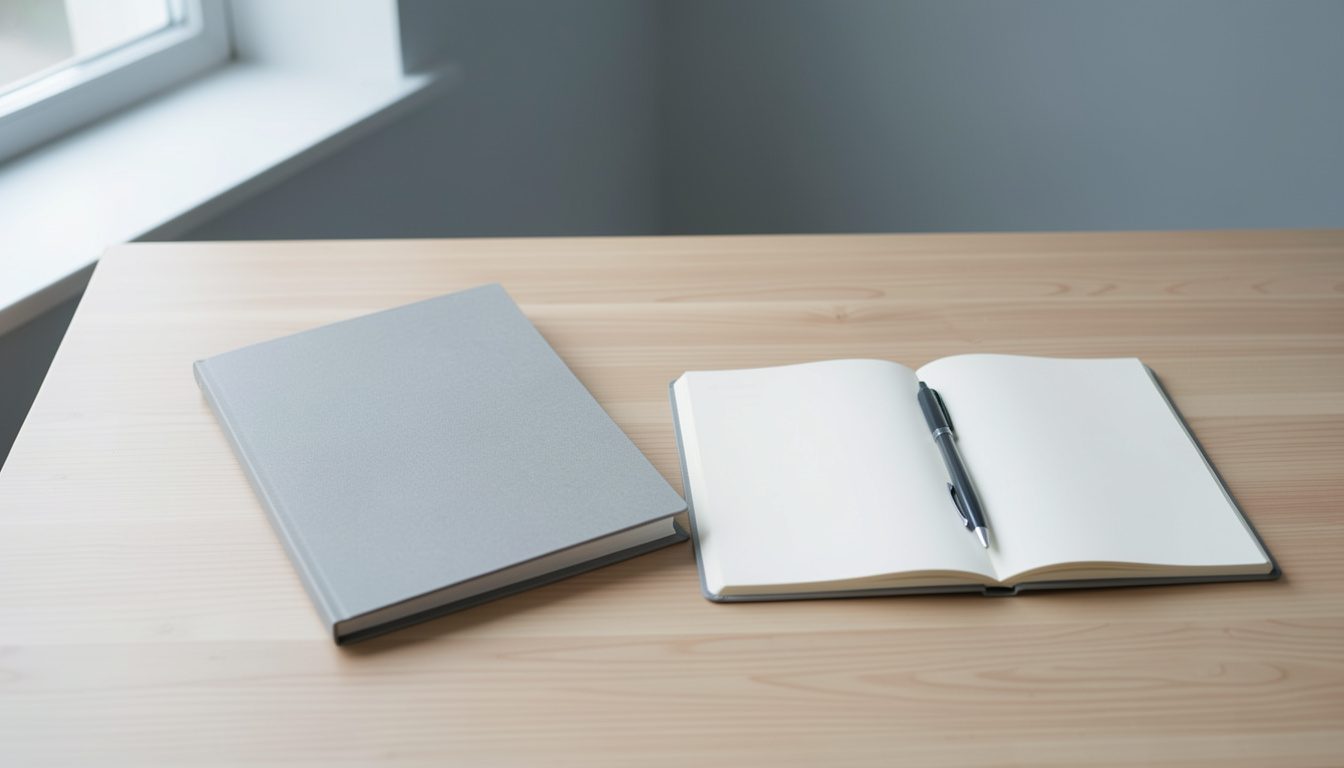 Carnet ouvert et classeur de documents posés sur un bureau clair